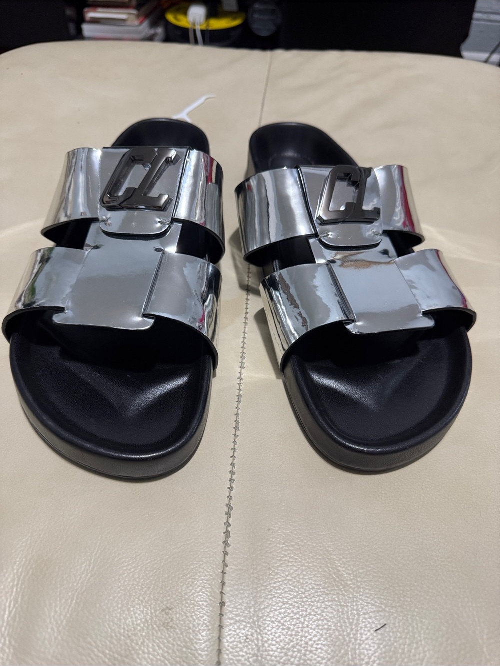 Christian Louboutin Silver Metallic Two-Band Slide Sandals